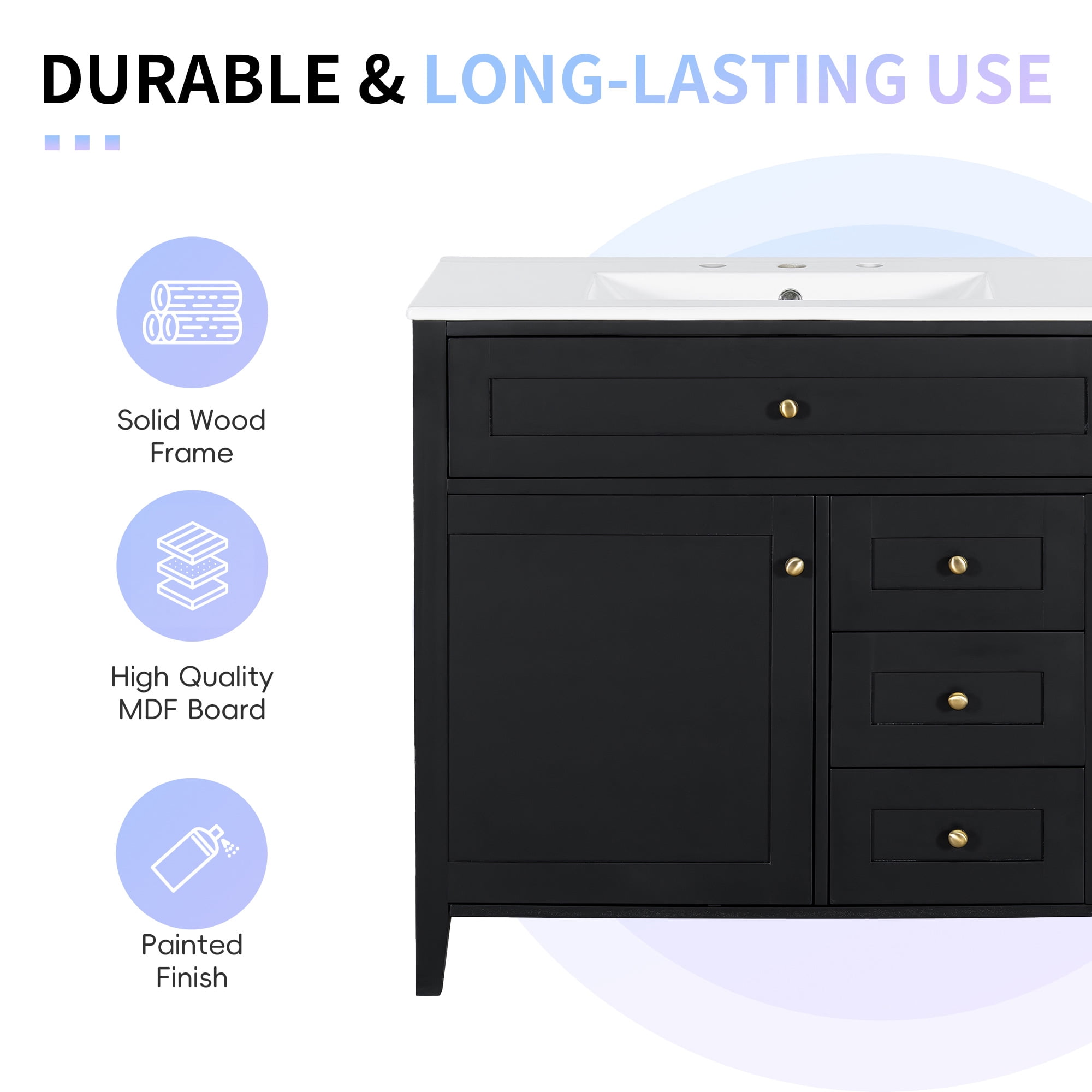 Anpport 36" Freestanding Bathroom Vanity with Sink, Modern MDF & Rubberwood Cabinet, 3 Drawers, Adjustable Shelf & Left‑Side Door, Black