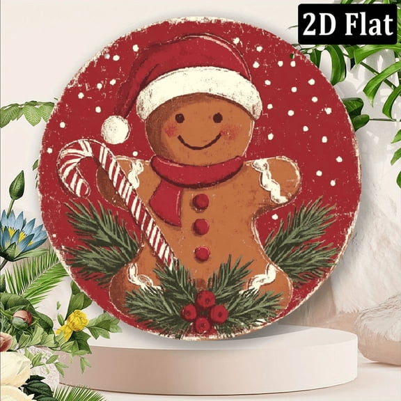 1pc 2D flat Christmas Gingerbread Man Themed Metal Sign Pack of Round Foil Engraving Wall Decor for Home Office Vintage Holiday Decorations Perfect Festive Gift 8*8inch