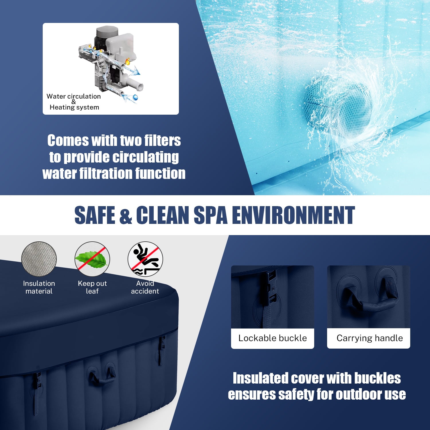 Hot Tub for 4-6 Person, Seizeen Outdoor Patio Large Inflatable Hot Tub Home SPA, with 130pcs Massage Jets, 910L, 4 Filters, 2 Cup Holders, Lockable Cover, Storage Bag, Max 104℉, 73in, Navy