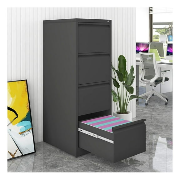 4 Drawer Vertical File Cabinet with Lock, Black Metal Filing Cabinet for Letter/A4/Legal, Home Office Storage
