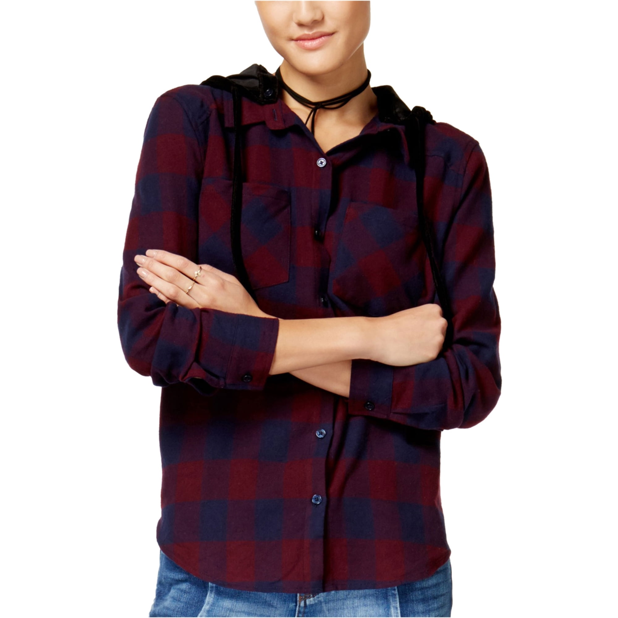 Seven Sisters Womens Hood Button Up Shirt