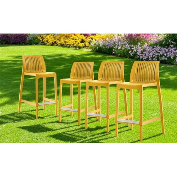HomeRoots 565358 26 in. Yellow Heavy Duty Plastic Low Back Outdoor Counter Height Bar Chairs - Set of 4