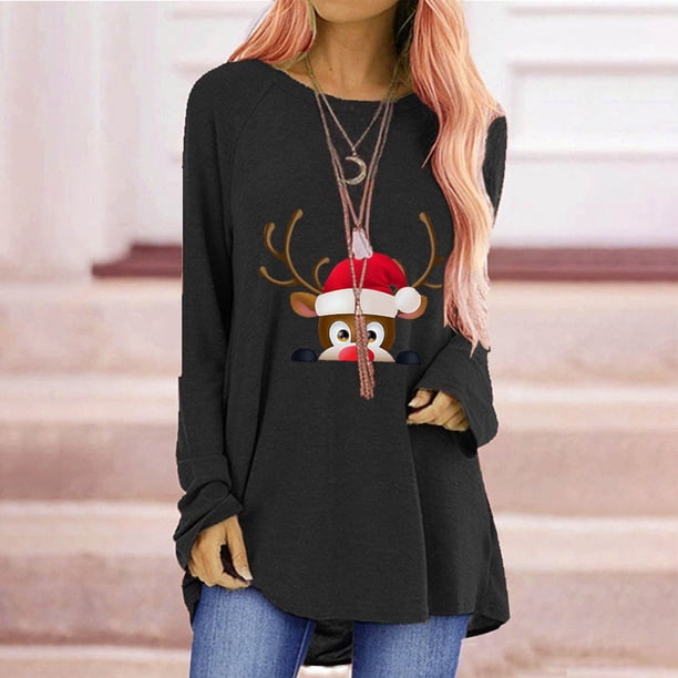 Pntutb Mujer Casual Cuello Redondo Navidad Manga Larga Estampado Camiseta Top Blusa Pntutb Pntutb-6688