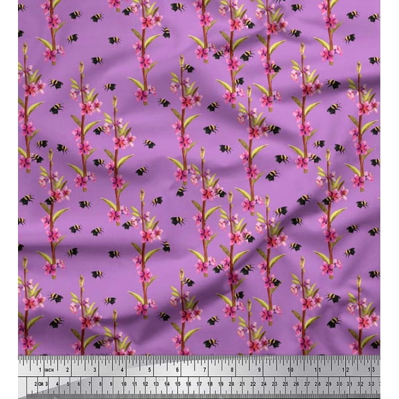 Soimoi Silk Fabric Leaves,Floral & Honey Bee Insects Printed Fabric 1 Yard 42 Inch Wide