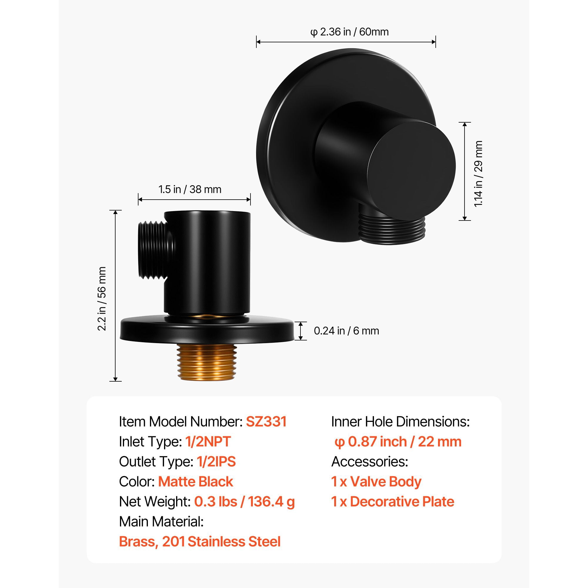 1/2 Inch Brass Wall Supply Elbow, NPT Inlet IPS Outlet Shower Hose Connector, Matte Black Corrosion Resistant for Bathroom Shower Fixture