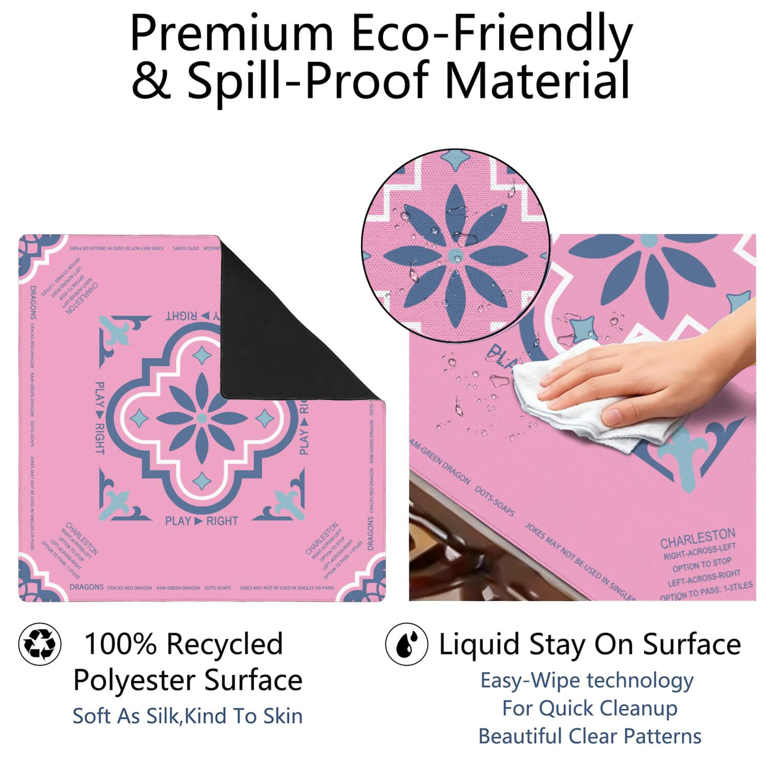 Pink Mahjong Mat with Rules, 31.5*31.5in Anti Slip American Mahjong Mat for Table, Noise Reduction, Neoprene Mah jongg Mats with Carrying Bag & 3 Dices, Mahjong Supplies Gift, Board Tile Games Mats