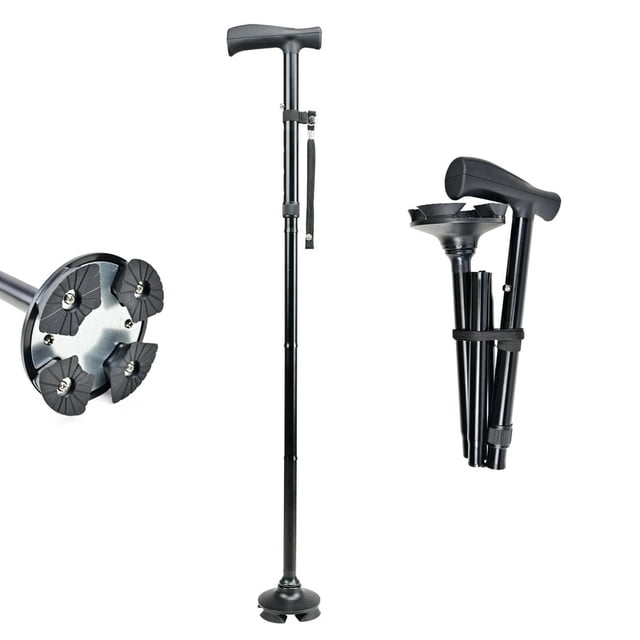 SNNROO Walking Cane Adult Collapsible Cane for Walking Self Standing Adjustable Folding Cane with T Handle & Pivot Base Lightweight for Seniors-Black