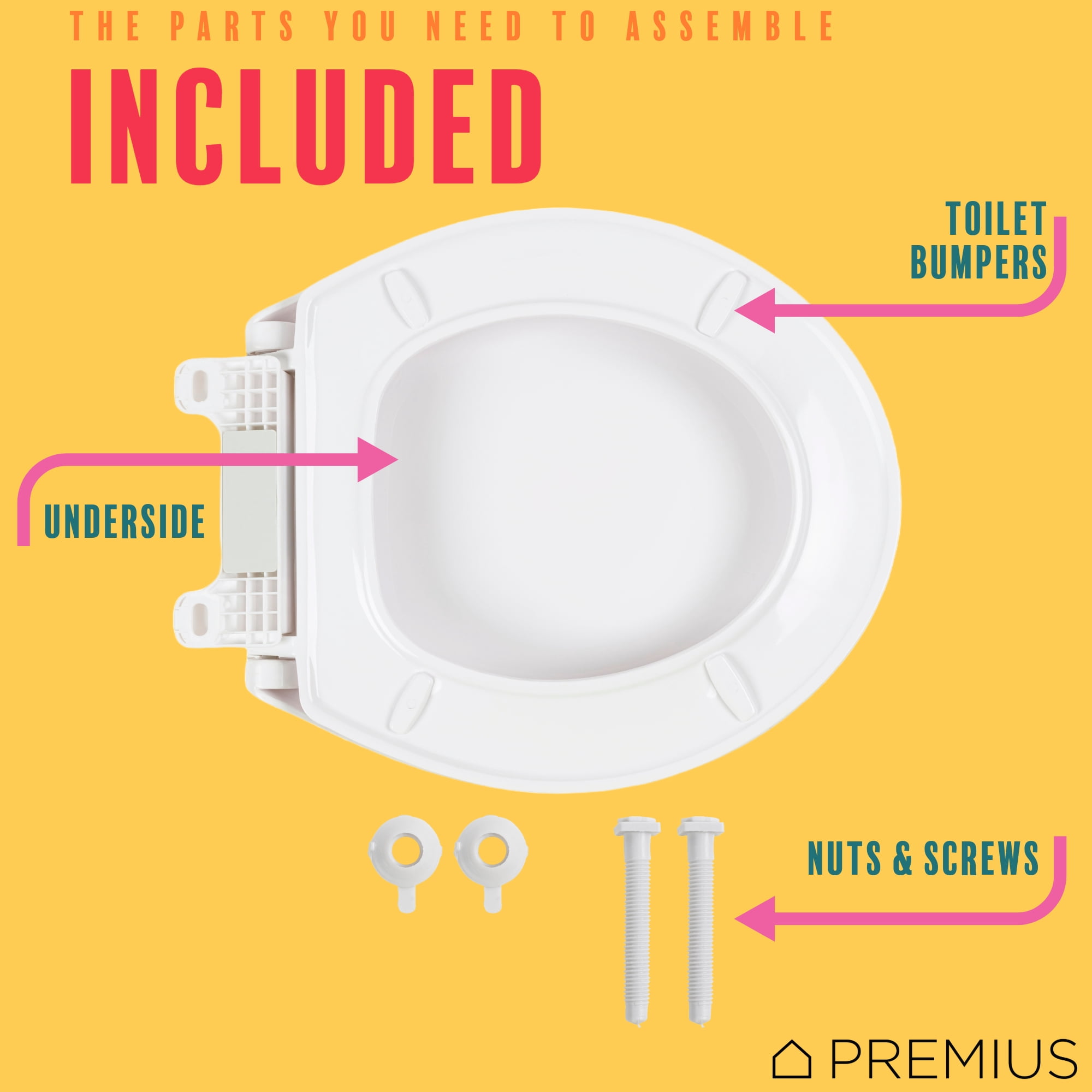 PREMIUS Slow Close Beveled Plastic Toilet Seat, White, Standard Round, 17 Inches