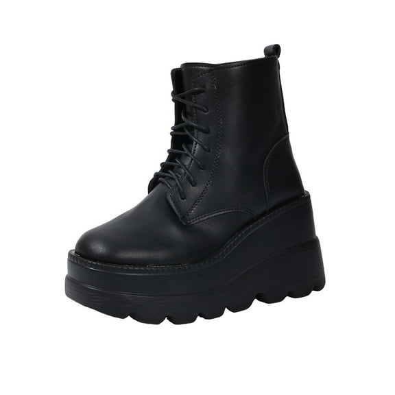 Black Women'S Fashion Boots Versatile Short Solid Color Round Toe Front Lace-Up Thick Bottom Wedge Heel For Outdoor Leisure