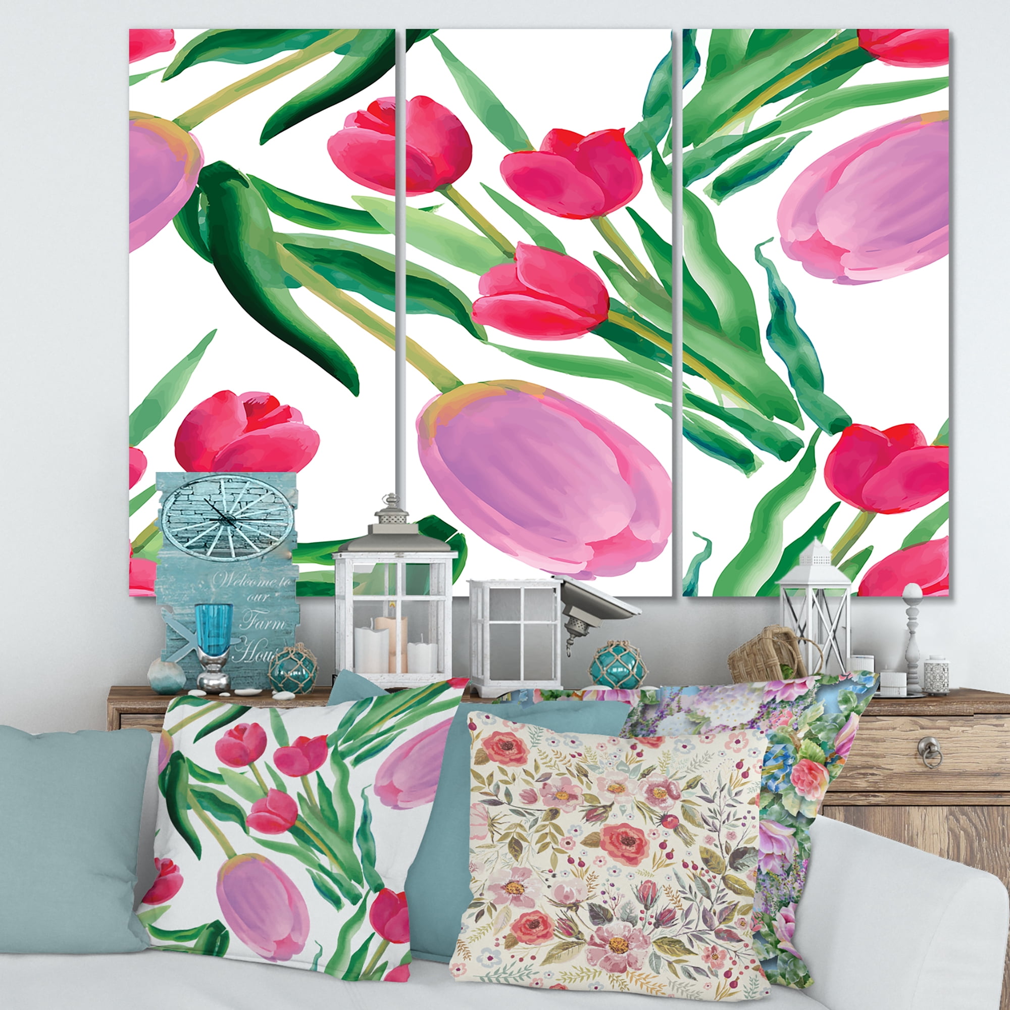 Designart ' Blooming Beautiful Pink Tulips Flowers On White ' Traditional Canvas Wall Art Print
