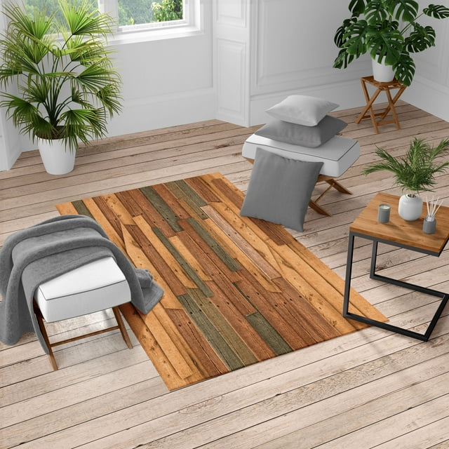 Rustic Turkish Area Rug, Grunge Wood Planks Barn House Door Nails Country Farm House Life Theme Layout, Soft Carpet for Living Room Decor with Distressed Look, 4' X 5.7', Dark Peach, by Ambesonne