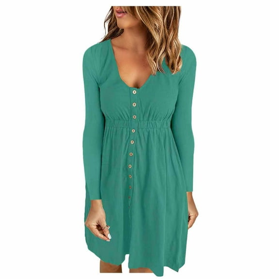 LYXSSBYX Women Long Sleeve Fall Drees for Women Hot Sale Clearance Casual Autumn Solid Sexy U-Neck Buttons Waist Dress