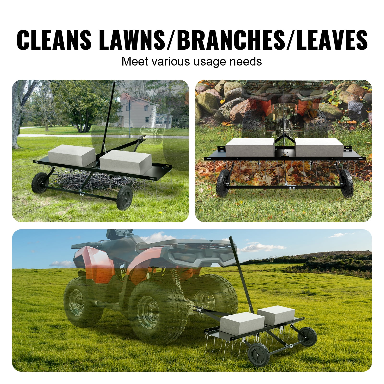 KFFKFF Towable Dethatcher, 48" Width with 24 Durable Spring Tines, Ideal for ATV or Lawn Mower Use, Garden and Lawn Rake with Easy Lift Handle for Efficient Grass Maintenance