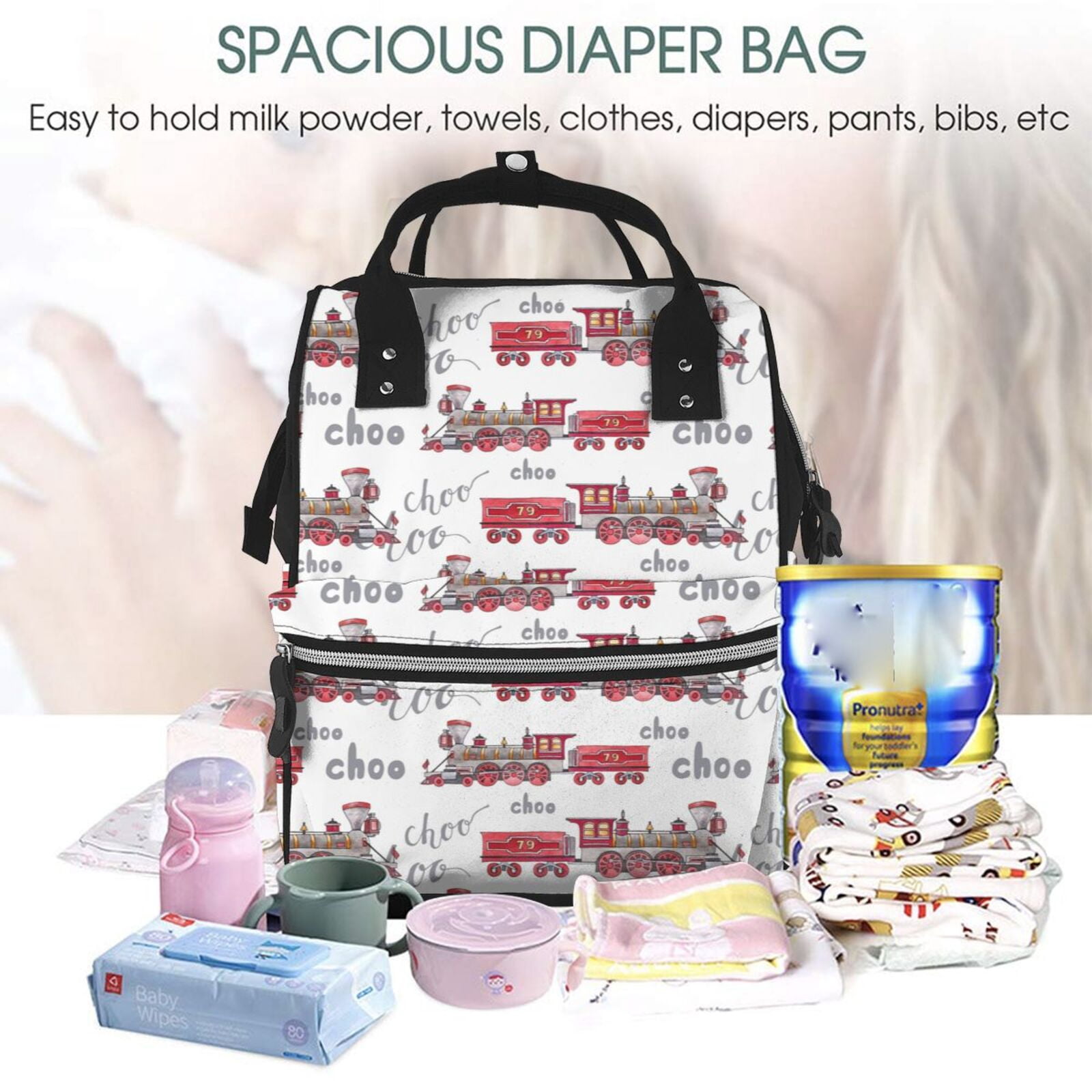 Ratiio Retro Train Mummy Backpack - Waterproof Twill Canvas, Large Capacity Diaper Bag with Multiple Pockets and Adjustable Straps