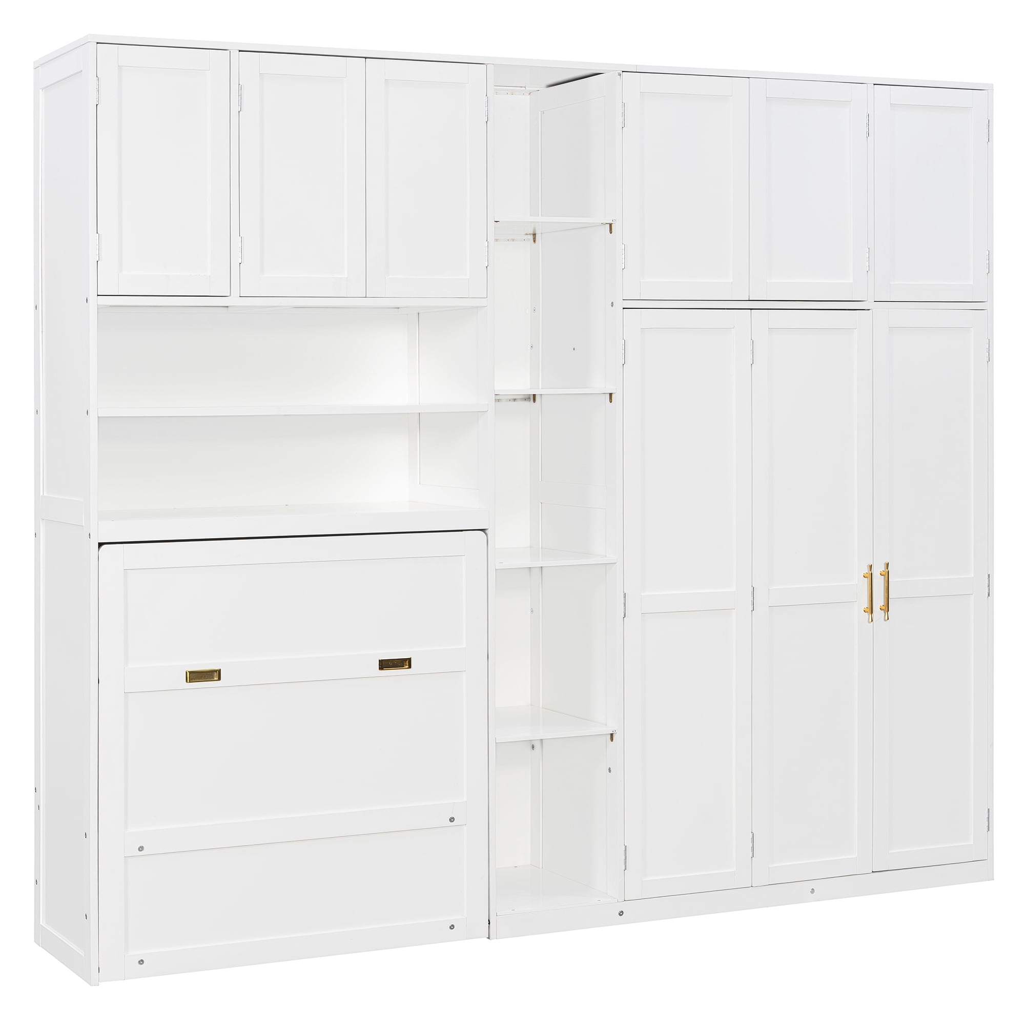 Mintazer Twin Murphy Bed with Wardrobe & LED Shelves, Modern Folding Cabinet Bed with Storage for Bedroom Apartment Guest Room, White