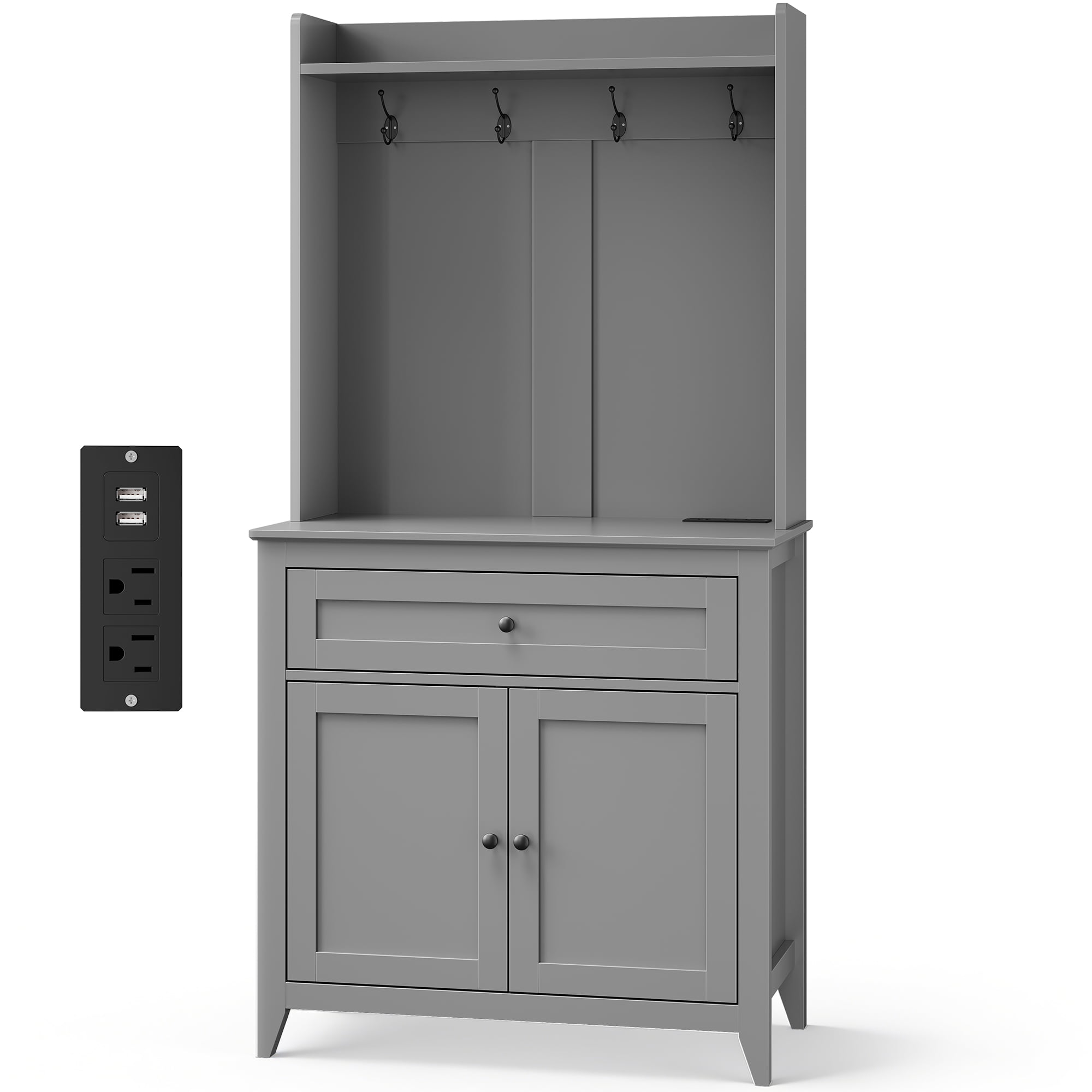 63" Pantry Cabinet, Kitchen Pantry Storage Cabinet with Outlet, Kitchen Hutch with Microwave Shelf & 4 Hooks, Door Shelves & Drawer & Adjustable Shelves, for Dining Room