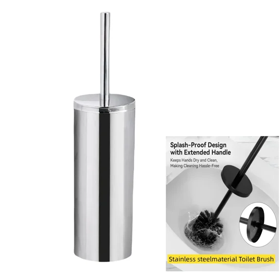 Extended Handle Splash Proof Toilet Brush And Plunger Set Stainless Steel For Bathroom RV Clean