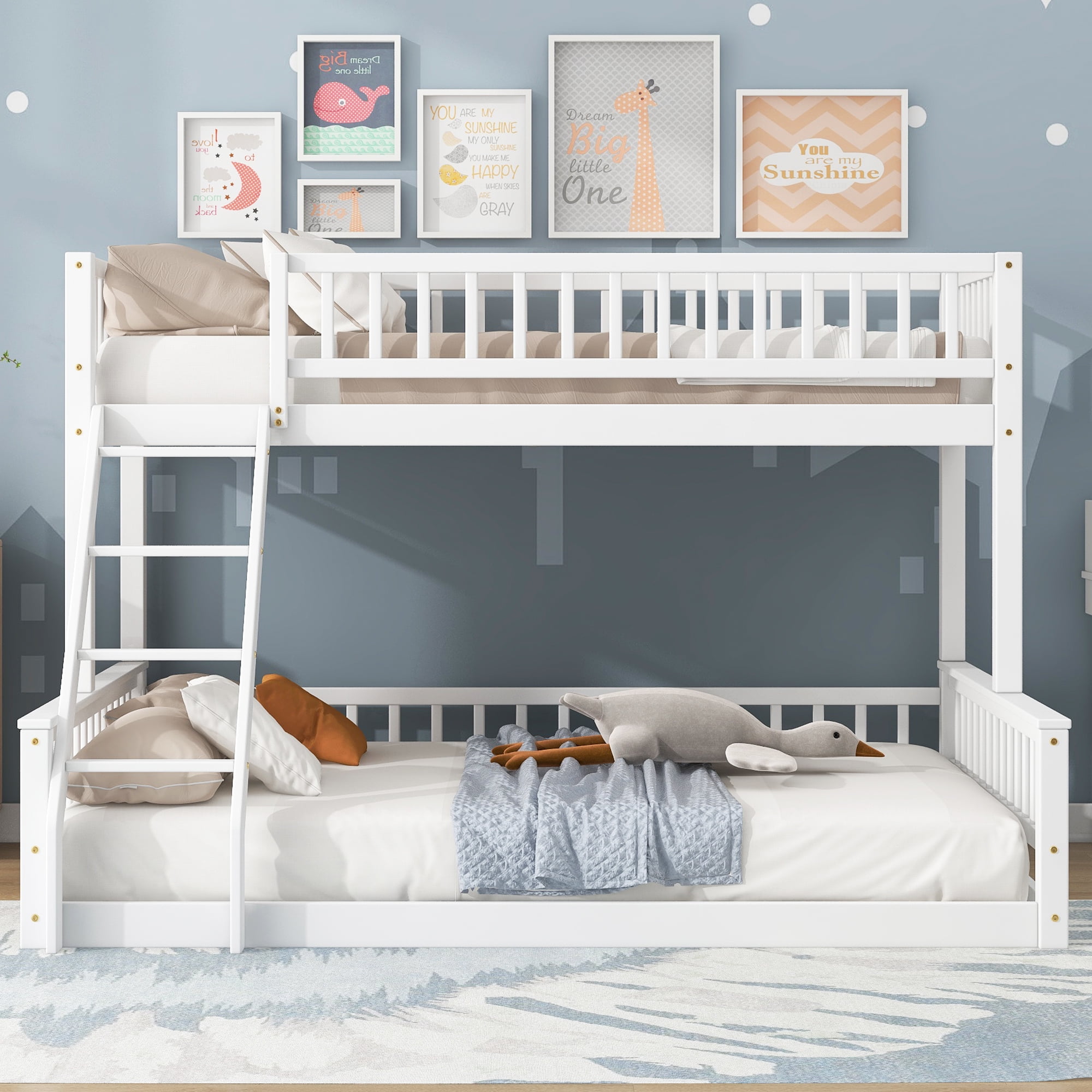 Euroco Wood Twin XL over Queen Size Bunk Bed, 2-in-1 Bed for Kids Teens Adults, Divided 2 Single Platform Beds, White