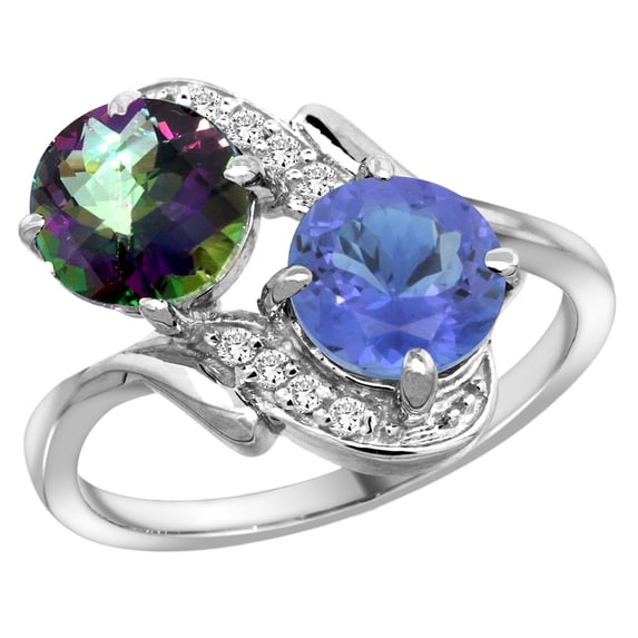 14k White Gold Diamond Natural Mystic Topaz & Tanzanite Mother's Ring Round 7mm, size 5.5