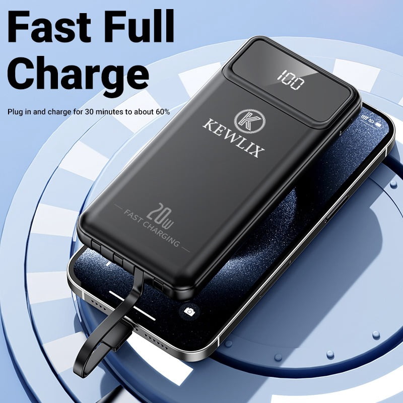 Power Bank, 10000mAh Portable Charger Power Bank with Built-in Cables, 22.5W Fast Charging Battery Pack, LED Display, Multiple Output and Input, Compatible with iPhone, Samsung and Android