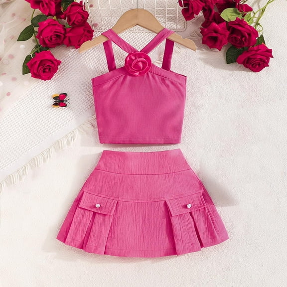 Skirts Sets for Girls 2 Piece Outfits Size 9M-5Y Toddlers Cute Sleeveless Cami Tops and Pleated Skirt Solid Vacation Travel Set Summer