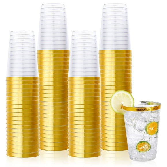 Vasos de plástico Vplus, 350 ml, con borde dorado, 150 unidades, reutilizables y transparentes