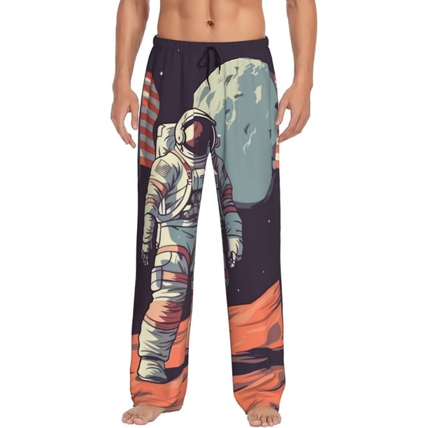 Fotbe Astronaut With American Flag Pantalones de Pijama para Hombre, Pantalones de Dormir, Pantalones de Casa con Cintura Ajustable y Bolsillos-Large