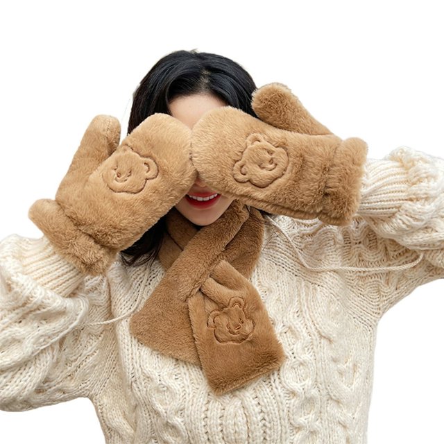 2Pcs/Set Embroidery Bear Pattern Hanging Rope Thickened Scarf Gloves Set Women Winter Solid Color Plush Scarf Mittens Costume Accessories