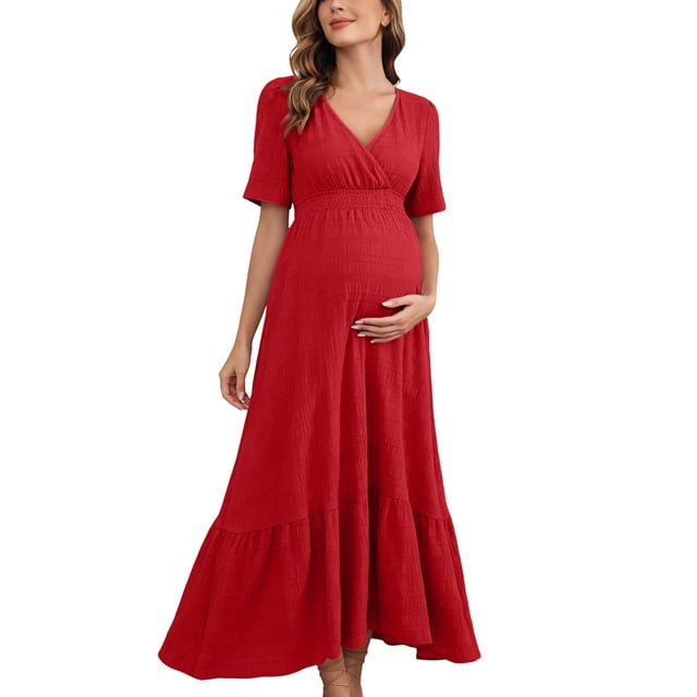 XiYing Robes pour Femmes Grande Taille, Robe de Maternité Unie à Manches Courtes à Volants pour Photographie de Soirée, Style Moulant à Col en V (P-2TG),