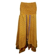 Mogul Womens Long Skirts Vintage Silk Sari Yellow Printed Two Layer Beach Sundress