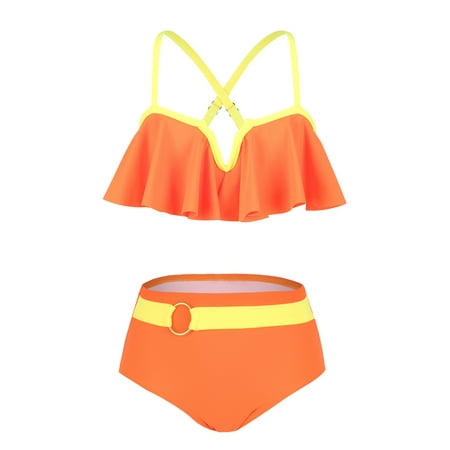 Biezeib Mommy and Me Swimsuit  Contrast Color Leaves Print Ruffled Bra with Briefs Family Matching Swimsuit 2-piece Summer Bikini Set