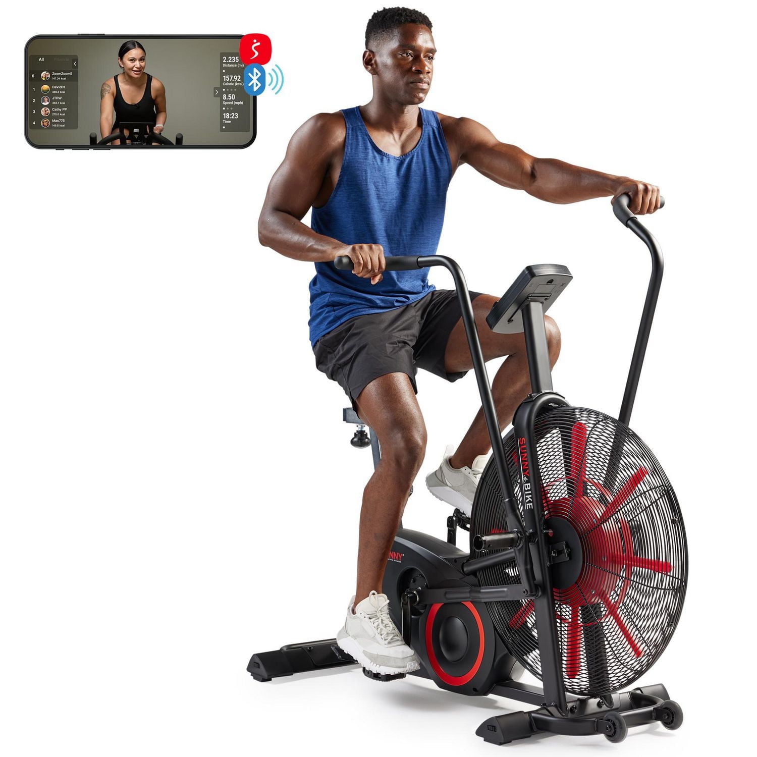 Sunny Health & Fitness Smart Customizable Air Bike Trainer, 330LB Capacity for Leg/Arm Cardio Workout, Fan Cycling Cardio Exerciser for Home Training, Free SunnyFit App Bluetooth Link - SF-B223018