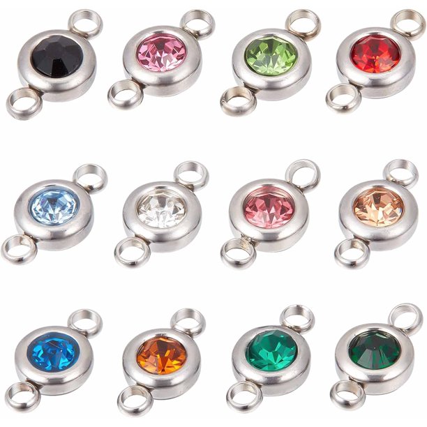 1 caja de 24 conectores de diamantes de imitación con dijes de piedra natal, eslabones de acero inoxidable, dijes de unión redondos y planos para Navidad.