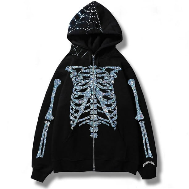 Sudadera con capucha y cremallera con diamantes de imitación para mujer y hombre, chaqueta gótica con estampado de esqueleto brillante, abrigo de manga larga de gran tamaño