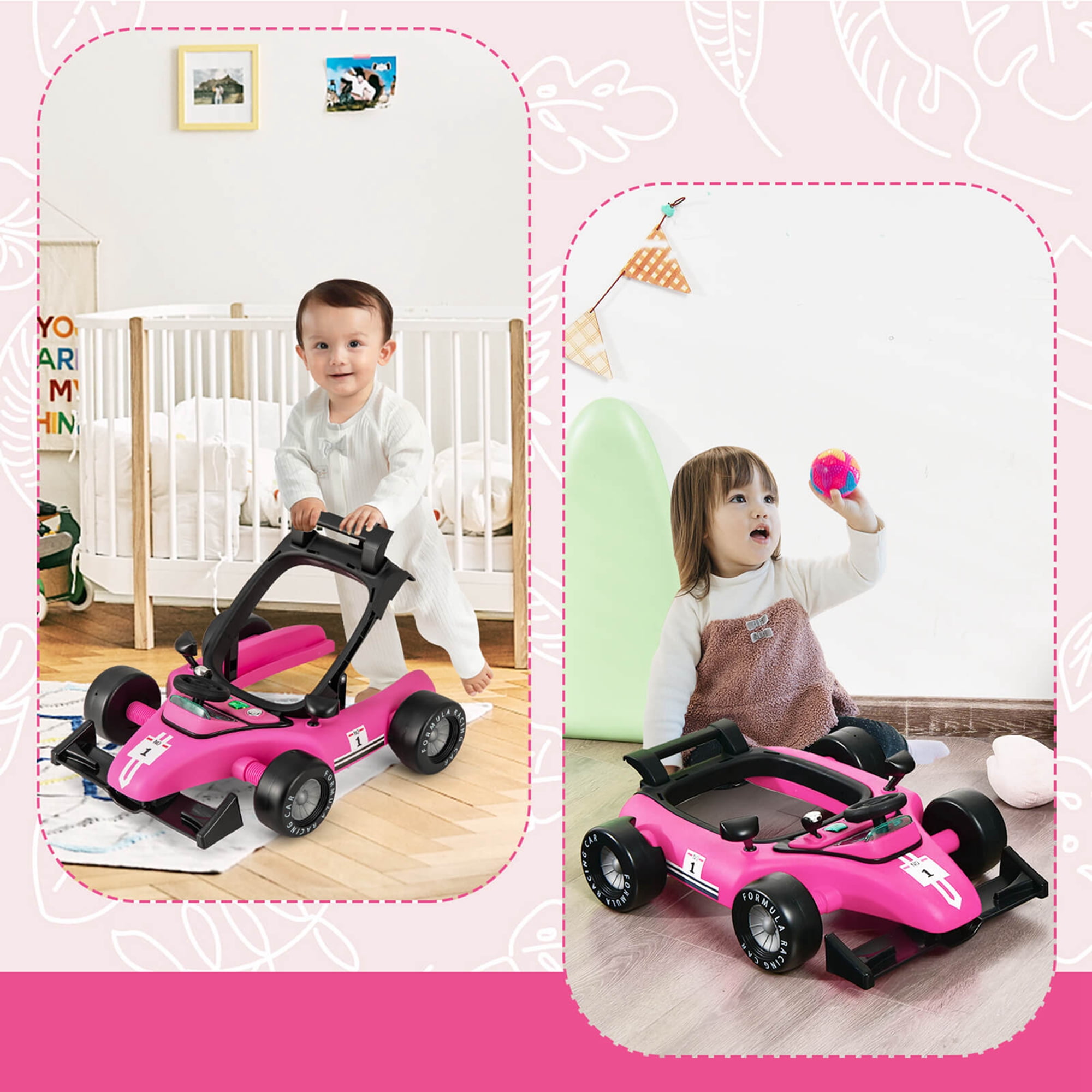 Costway 4-in-1 Baby Walker Foldable Activity Walker with Adjustable Height & Speed Deep 6-18 Months Pink
