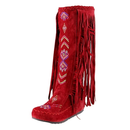 

SEMIMAY Chinese Flat Boots Flock Fringe Nation Heels Long Leather Tassel Fashion Woman Boots Knee High Style Women women s boots Red