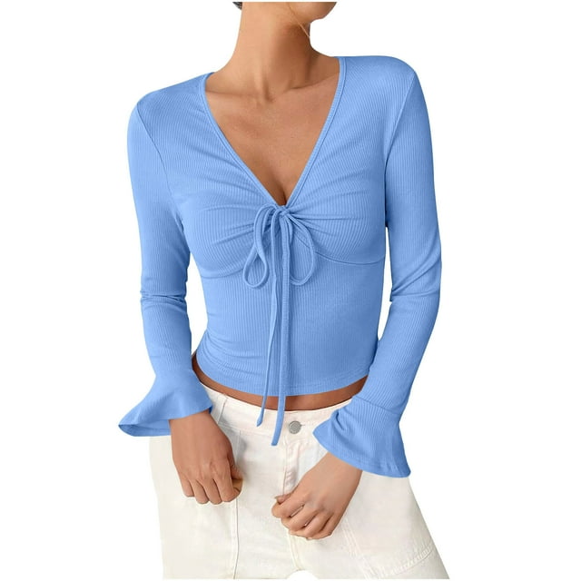 Plebaso Women's Spring Summer Tops Crop Bell Long Sleeve Ribbed Shirts V Neck Drawstring Casual Knit Tee