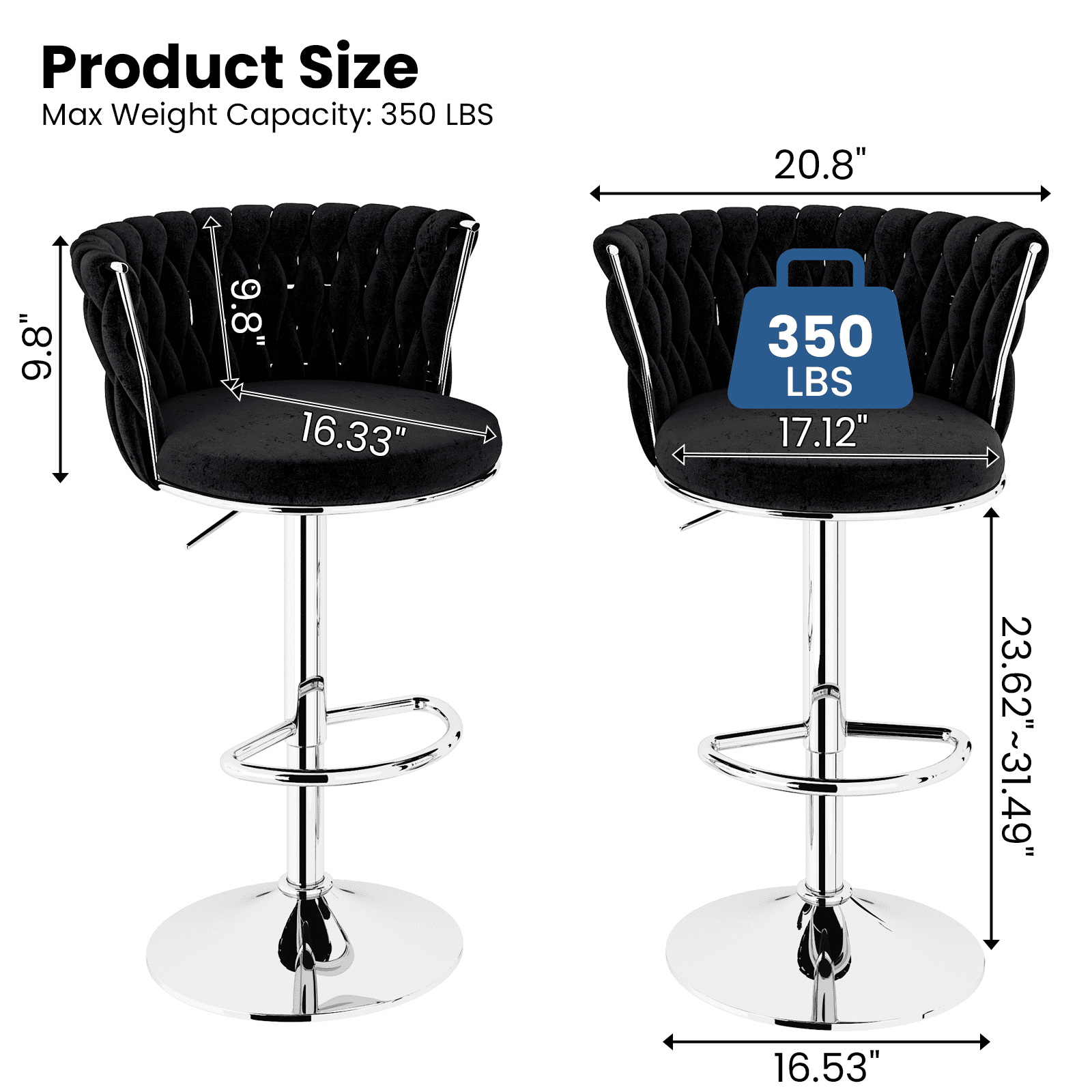 AWQM Velvet Bar Stools Set of 2,Counter Height Barstools Dining Chairs, Adjustable Kitchen Island Chairs,360 Swivel Pub Stools, Upholstered Counter Stools Bar Chairs with Back & Footrest, Black