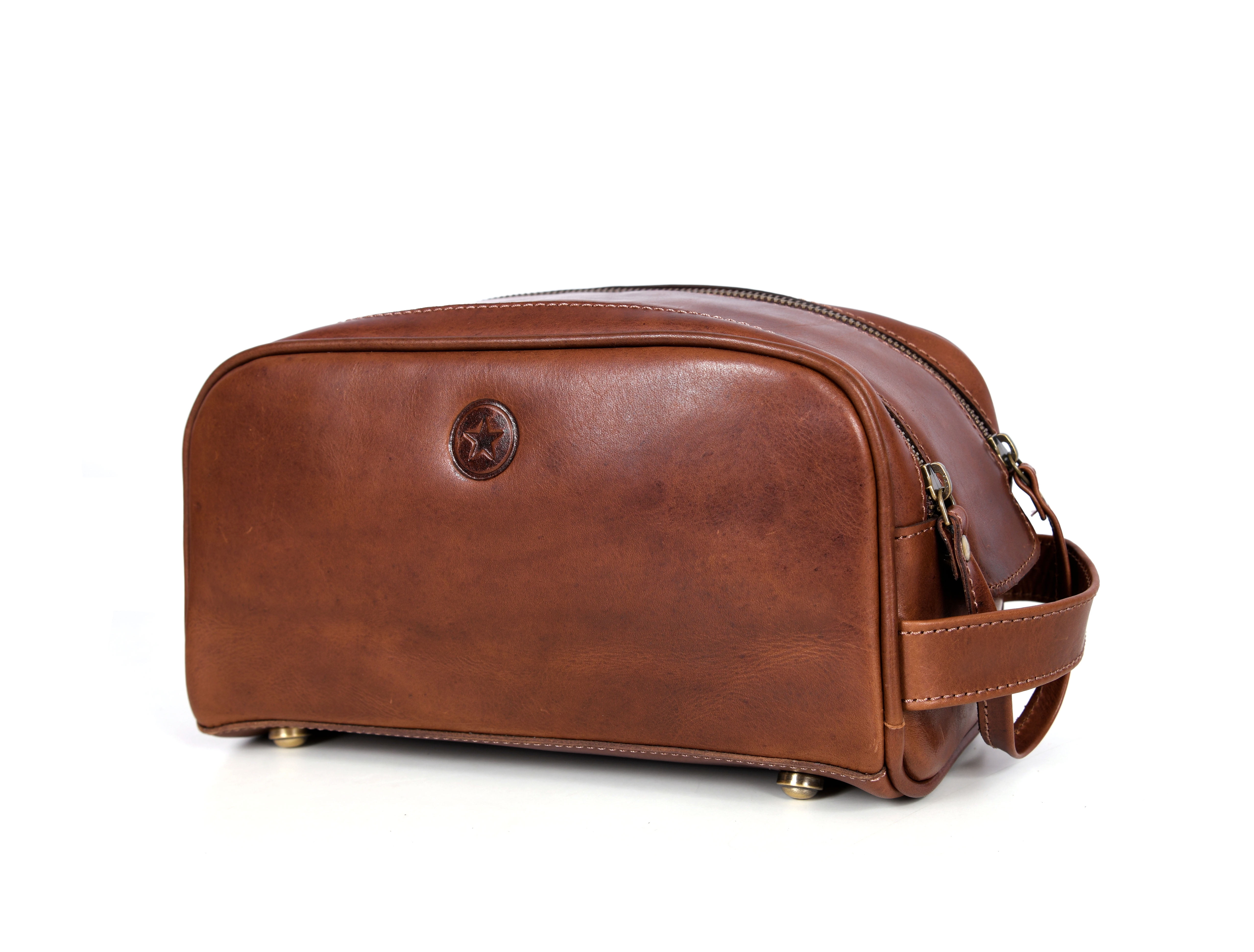 Aaron Leather Goods Genuine Leather Toiletry Bag - Chestnut