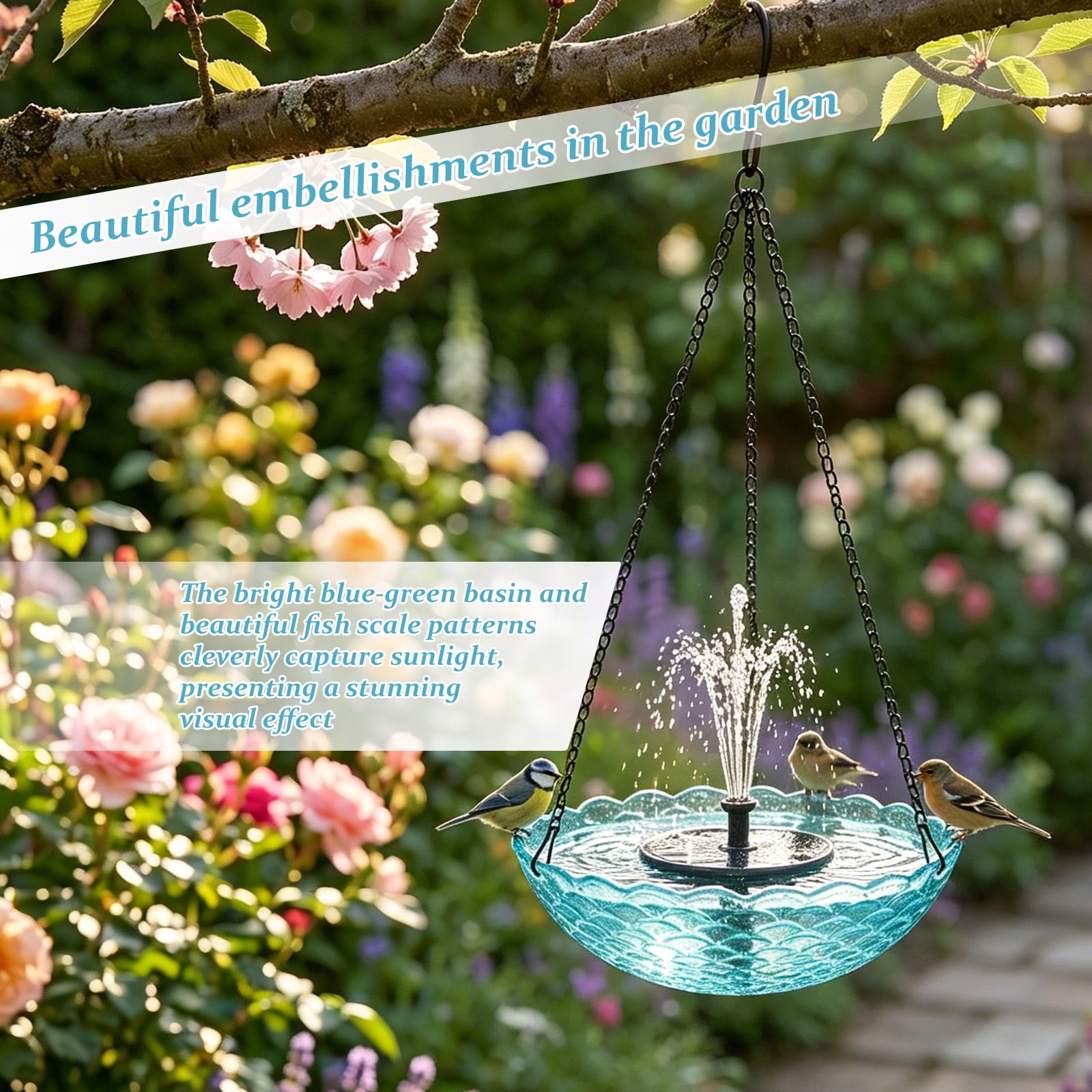 Threns Solar Hanging Bird Bath Fountain Hanging Solar Bird Bath Fountain for Outdoor Garden Backyard Patio Lawn Wildlife Feeder (Blue)