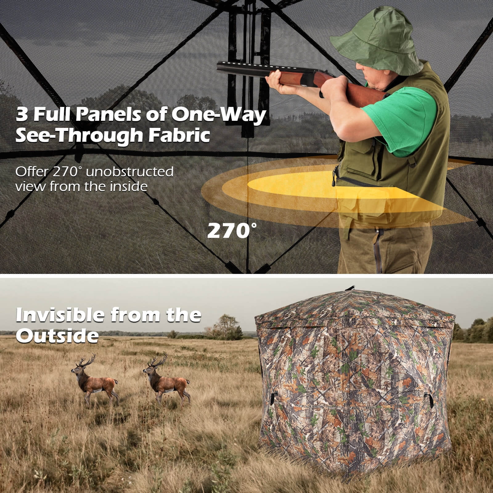 Costway 270° See Through Hunting Blind Tent, 2-3 Person Pop-Up Ground Blind with Windows