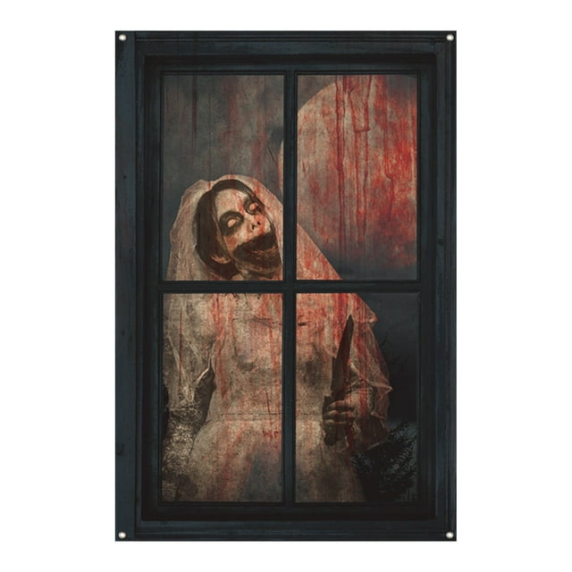 Décoration de Fenêtre d'Halloween pour Halloween, Rideau Effrayant pour Fenêtre et Porte, Décorations de Fête Extérieure