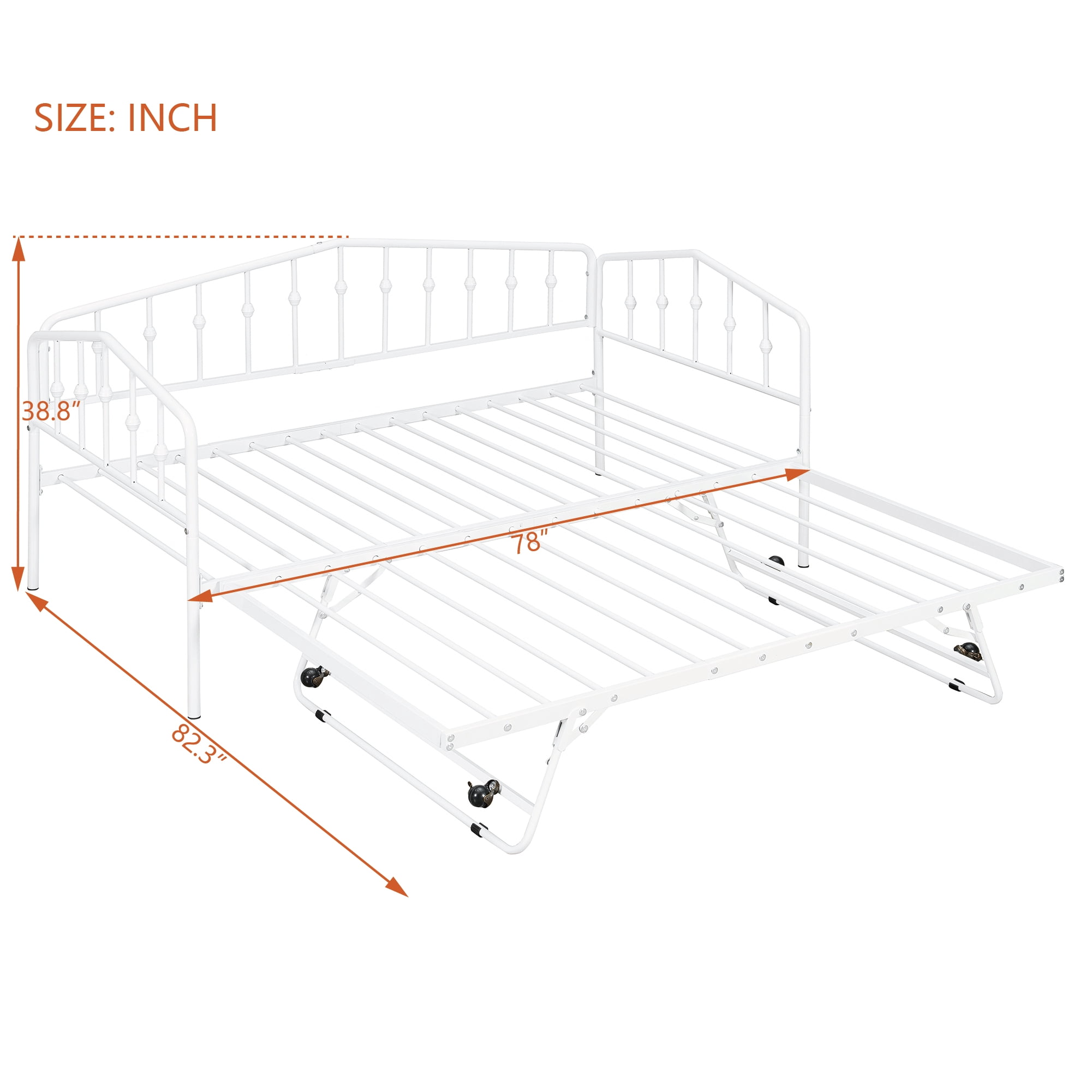 GARITIN Twin Size Metal Daybed with Adjustable Trundle, Portable Folding Trundle Bed Frame for Guest Room, White