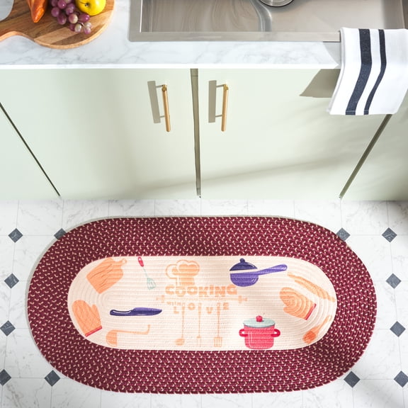 Safavieh Braided Posters Cooking With Love Runner Rug, Ivory/Burgundy Red, 1'8" x 4' Oval