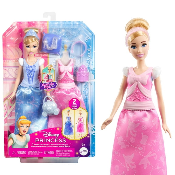 Disney Princess 2-in-1 Stories Cinderella Fashion Doll with 2 Snap-On Bodices, 2 Skirts & 9 Accessories