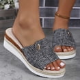 thumbnail image 5 of Women’s Denim Fabric Jute Trim Wedge Slide Sandals, Metal Button Decor Open Toe Indoor Outdoor Platform Slippers, 5 of 6