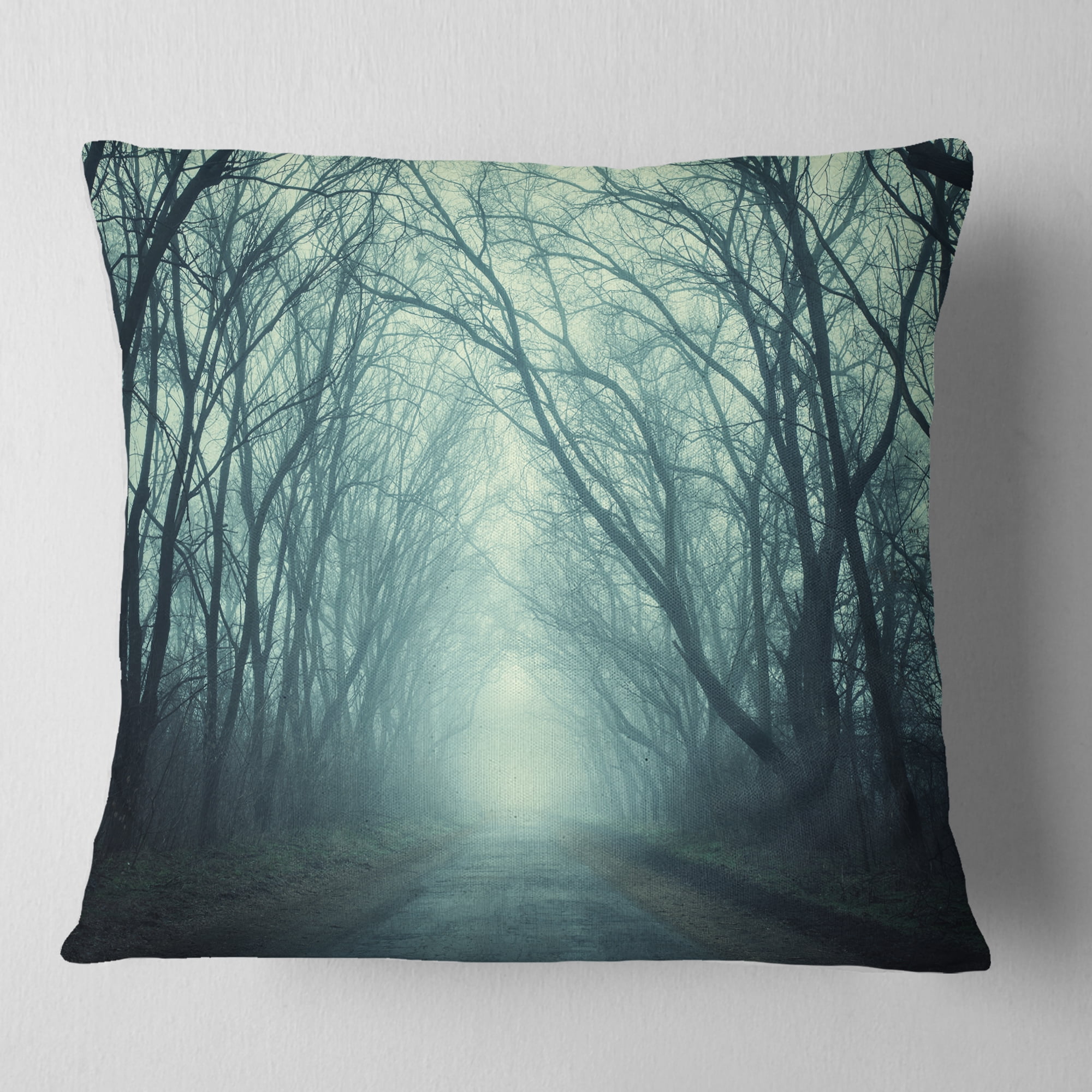 Designart Scary Forest with Green Light - Landscape Photography Throw Pillow - 16x16
