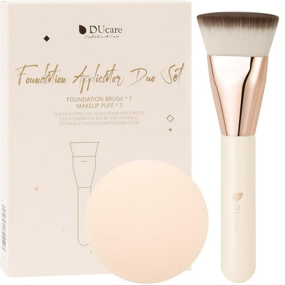 DUcare Liquid Foundation Brush & Jumbo Makeup Puff Set - 2-in-1 Streak-Free Applicator Duo