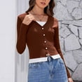 thumbnail image 2 of Lenpel Crop Tops for Women Trendy Long Sleeve V Neck Lace Patchwork Button down Slim T Shirts Soft Casual Blouses(Coffee,Large), 2 of 7