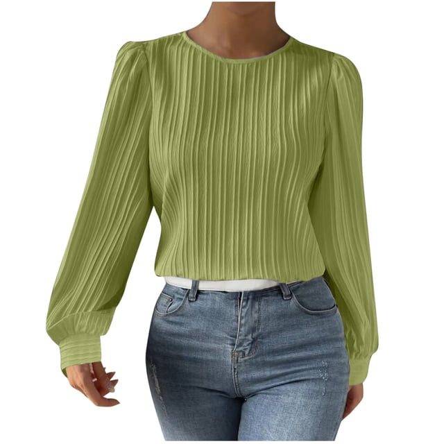 Timegard Hauts pour Femmes Blouse à Manches Longues Bouffantes Col Ras du Cou Chic Décontractée Ample Confortable Hauts Mode d'Automne